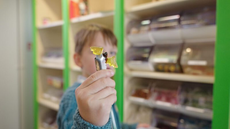 Ein Junge hält eine Naschizange mit einer Gummitier-Fledermaus in die Kamera
