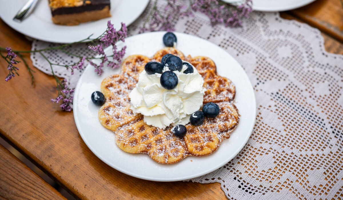 Waffel mit Eis und Blaubeeren