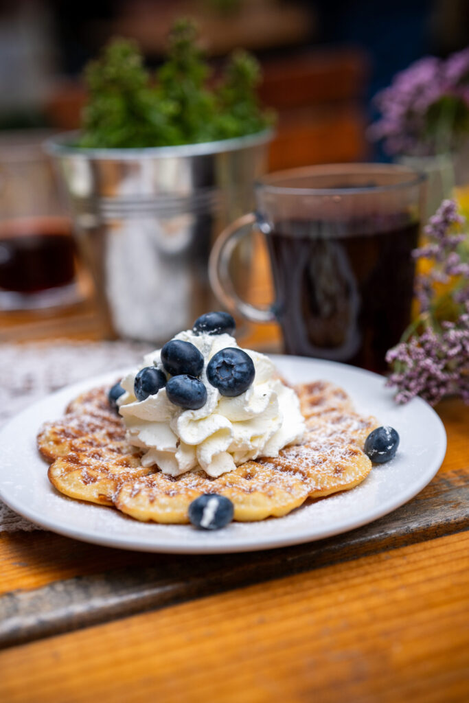 Eine Waffel getoppt mit Sahne und Blaubeeren auf einem weißen Teller, im Hintergrund ein Glas Tee
